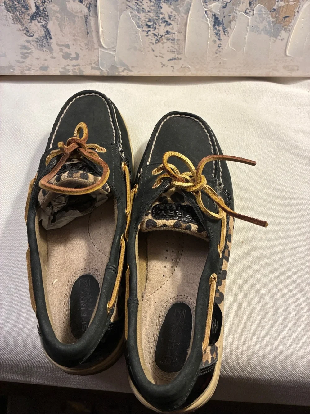Genuine Sperry Black Leather Boat Shoes with Leopard Accent - Women’s Size 7.5